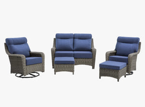 OuterCraft 5-piece dark PE rattan patio set with loveseat, 360-degree swivel rocker chairs and ottomans set with 6-inch thick blue cushions on clean white background