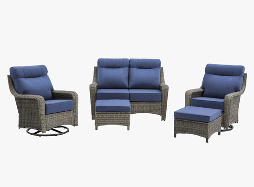 OuterCraft 5-piece dark PE rattan patio set with loveseat, 360-degree swivel rocker chairs and ottomans set with 6-inch thick blue cushions on clean white background