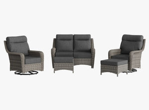 OuterCraft 5-piece dark PE rattan patio set with loveseat, 360-degree swivel rocker chairs and ottomans set with 6-inch thick dark gray cushions on clean white background