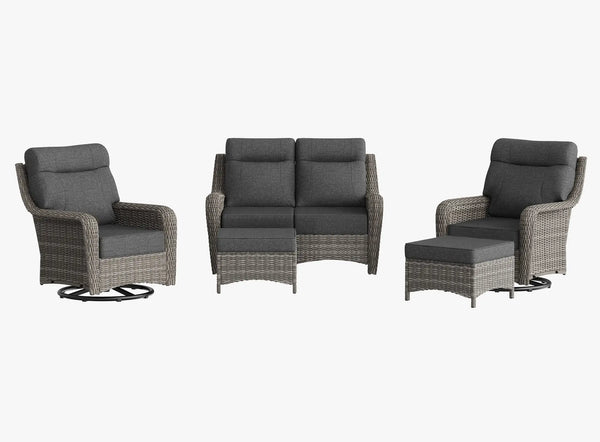 OuterCraft 5-piece dark PE rattan patio set with loveseat, 360-degree swivel rocker chairs and ottomans set with 6-inch thick dark gray cushions on clean white background