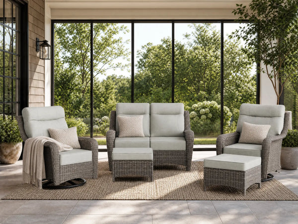 OuterCraft 5-piece dark PE rattan patio set with loveseat, 360-degree swivel rocker chairs and ottomans set with 6-inch thick light gray cushions styled on a grand estate patio
