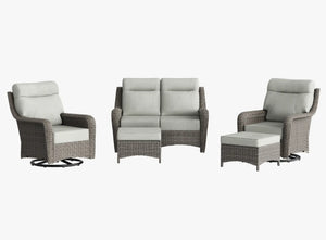 OuterCraft 5-piece dark PE rattan patio set with loveseat, 360-degree swivel rocker chairs and ottomans set with 6-inch thick light gray cushions on clean white background