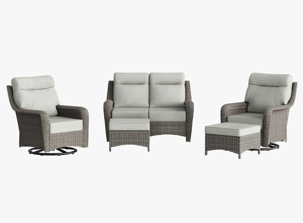 OuterCraft 5-piece dark PE rattan patio set with loveseat, 360-degree swivel rocker chairs and ottomans set with 6-inch thick light gray cushions on clean white background