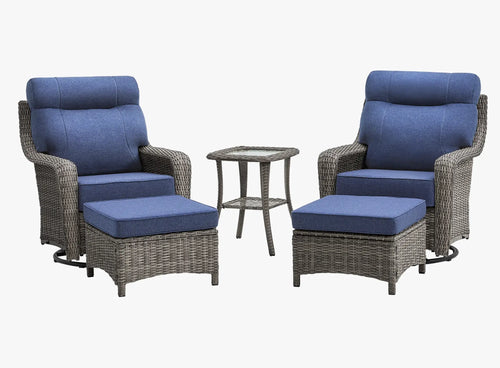 OuterCraft 5-piece dark PE rattan 360-degree swivel rocker chairs, ottomans and side table set with 6-inch thick blue cushions on clean white background