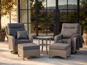 OuterCraft 5-piece dark PE rattan 360-degree swivel rocker chairs, ottomans and side table set with 6-inch thick dark gray  cushions styled on a grand estate patio