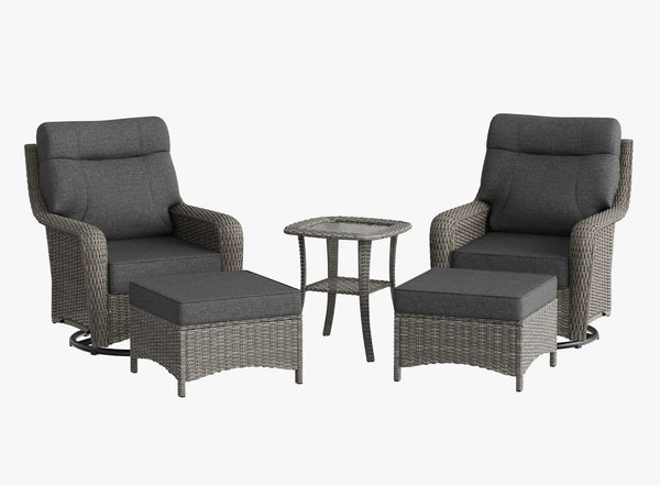 OuterCraft 5-piece dark PE rattan 360-degree swivel rocker chairs, ottomans and side table set with 6-inch thick dark gray cushions on clean white background