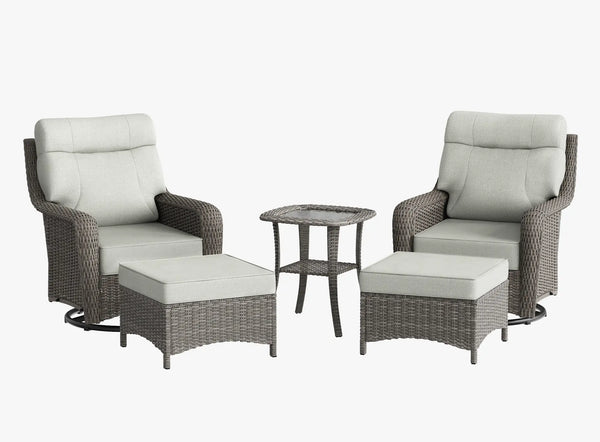 OuterCraft 5-piece dark PE rattan 360-degree swivel rocker chairs, ottomans and side table set with 6-inch thick light gray cushions on clean white background