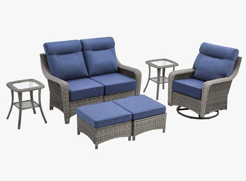 OuterCraft 6-piece dark PE rattan patio set with loveseat, 360-degree swivel rocker chairs, ottomans and side table set with 6-inch thick blue cushions on clean white background