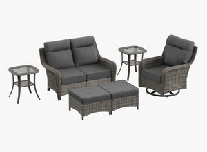 OuterCraft 6-piece dark PE rattan patio set with loveseat, 360-degree swivel rocker chairs, ottomans and side table set with 6-inch thick dark gray cushions on clean white background