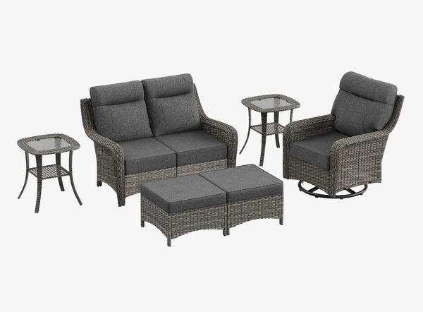 OuterCraft 6-piece dark PE rattan patio set with loveseat, 360-degree swivel rocker chairs, ottomans and side table set with 6-inch thick dark gray cushions on clean white background
