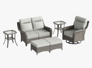 OuterCraft 6-piece dark PE rattan patio set with loveseat, 360-degree swivel rocker chairs, ottomans and side table set with 6-inch thick light gray cushions on clean white background
