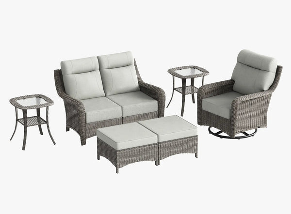 OuterCraft 6-piece dark PE rattan patio set with loveseat, 360-degree swivel rocker chairs, ottomans and side table set with 6-inch thick light gray cushions on clean white background
