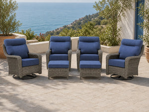 OuterCraft 6-piece dark PE rattan 360-degree swivel rocker chairs with ottomans and 6-inch thick blue cushions styled on a grand estate patio