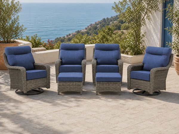 OuterCraft 6-piece dark PE rattan 360-degree swivel rocker chairs with ottomans and 6-inch thick blue cushions styled on a grand estate patio
