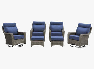 OuterCraft 6-piece dark PE rattan 360-degree swivel rocker chairs with ottomans and 6-inch thick blue cushions on clean white background