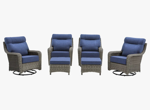 OuterCraft 6-piece dark PE rattan 360-degree swivel rocker chairs with ottomans and 6-inch thick blue cushions on clean white background