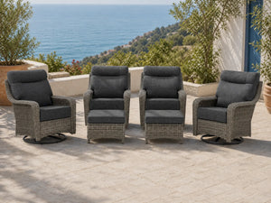 OuterCraft 6-piece dark PE rattan 360-degree swivel rocker chairs with ottomans and 6-inch thick dark gray cushions styled on a grand estate patio
