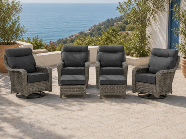 OuterCraft 6-piece dark PE rattan 360-degree swivel rocker chairs with ottomans and 6-inch thick dark gray cushions styled on a grand estate patio