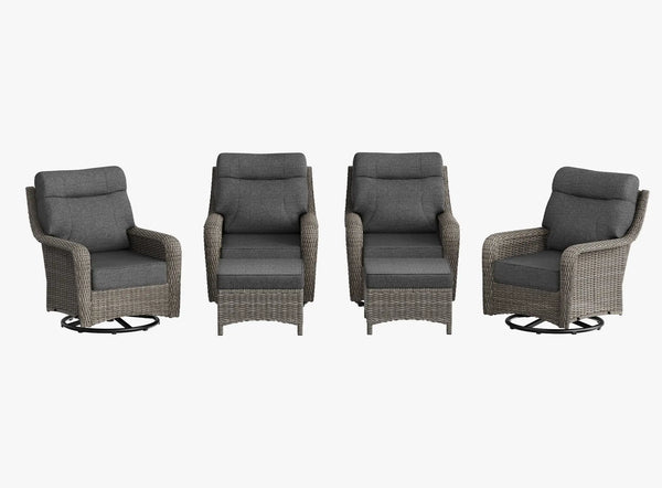 OuterCraft 6-piece dark PE rattan 360-degree swivel rocker chairs with ottomans and 6-inch thick dark gray cushions on clean white background