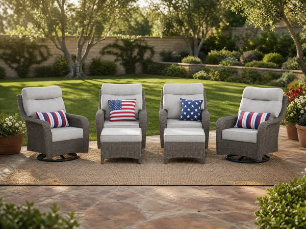 OuterCraft 6-piece dark PE rattan 360-degree swivel rocker chairs with ottomans and 6-inch thick light gray cushions styled on a grand estate patio
