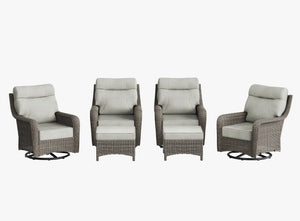 OuterCraft 6-piece dark PE rattan 360-degree swivel rocker chairs with ottomans and 6-inch thick light gray cushions on clean white background