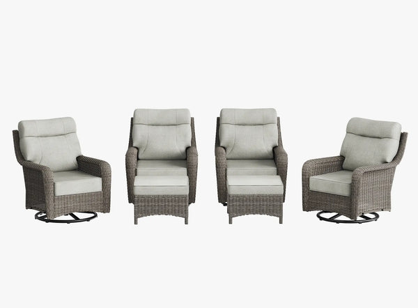 OuterCraft 6-piece dark PE rattan 360-degree swivel rocker chairs with ottomans and 6-inch thick light gray cushions on clean white background