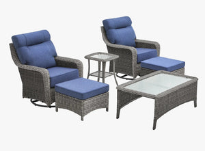 OuterCraft 6-piece dark PE rattan 360-degree swivel rocker chairs, ottomans, coffee table and side table set with 6-inch thick blue cushions on clean white background