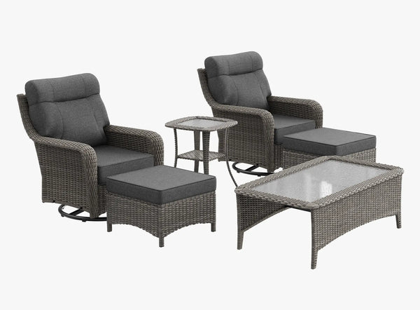 OuterCraft 6-piece dark PE rattan 360-degree swivel rocker chairs, ottomans, coffee table and side table set with 6-inch thick dark gray cushions on clean white background
