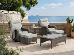 OuterCraft 6-piece dark PE rattan 360-degree swivel rocker chairs, ottomans, coffee table and side table set with 6-inch thick light gray cushions styled on a grand estate patio