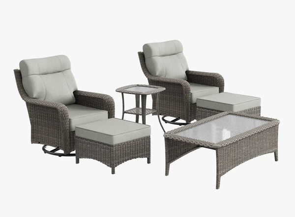 OuterCraft 6-piece dark PE rattan 360-degree swivel rocker chairs, ottomans, coffee table and side table set with 6-inch thick light gray cushions on clean white background