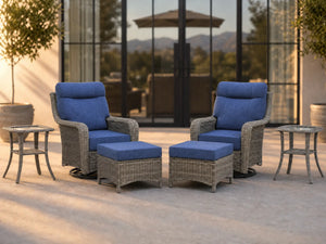 OuterCraft 6-piece dark PE rattan 360-degree swivel rocker chairs, ottomans and side table set with 6-inch thick blue cushions styled on a grand estate patio