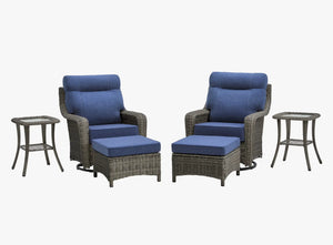OuterCraft 6-piece dark PE rattan 360-degree swivel rocker chairs, ottomans and side table set with 6-inch thick blue cushions on clean white background