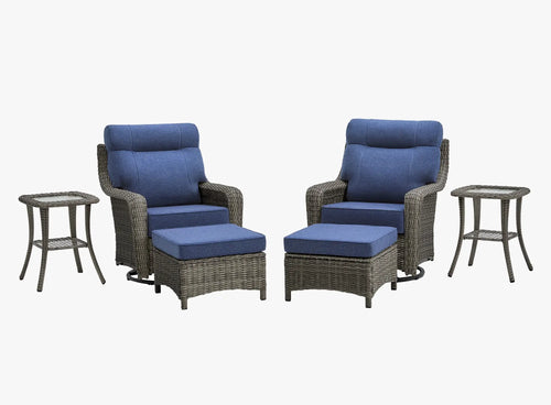 OuterCraft 6-piece dark PE rattan 360-degree swivel rocker chairs, ottomans and side table set with 6-inch thick blue cushions on clean white background