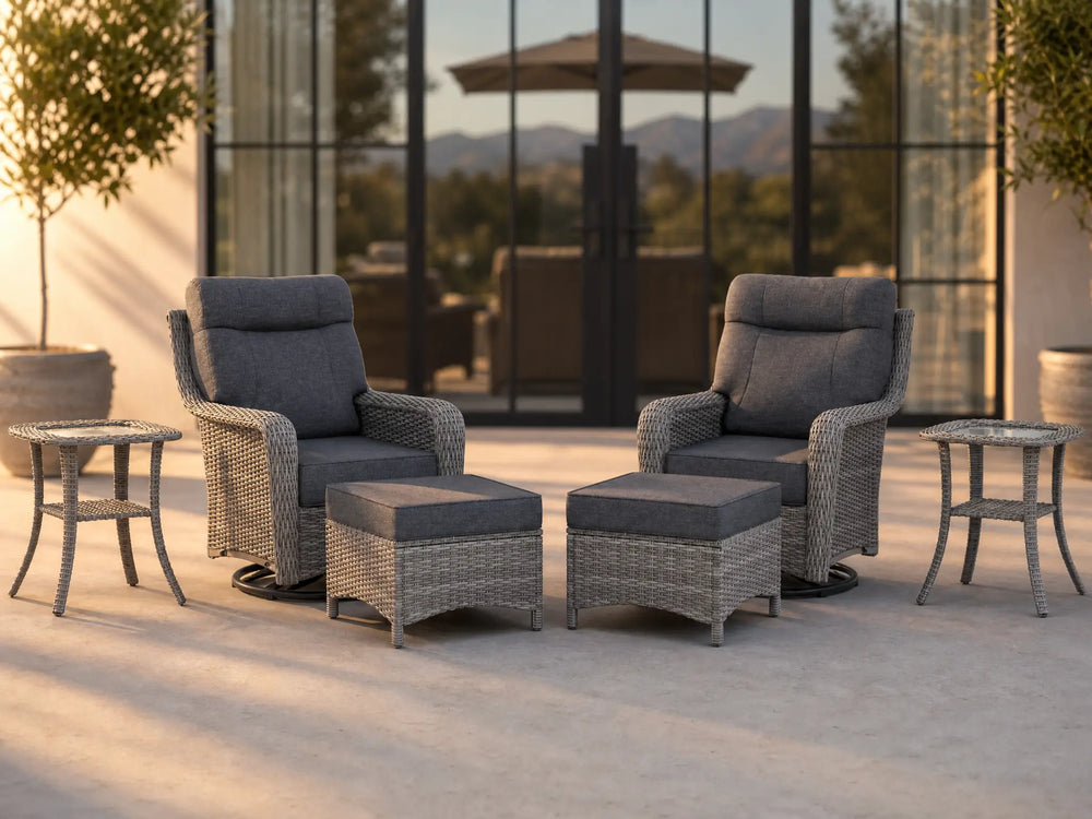 OuterCraft 6-piece dark PE rattan 360-degree swivel rocker chairs, ottomans and side table set with 6-inch thick light gray cushions styled on a grand estate patio