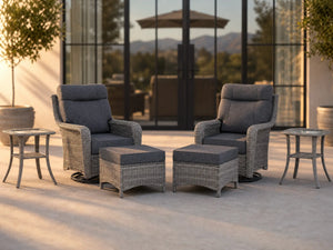 OuterCraft 6-piece dark PE rattan 360-degree swivel rocker chairs, ottomans and side table set with 6-inch thick dark gray cushions styled on a grand estate patio