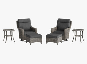 OuterCraft 6-piece dark PE rattan 360-degree swivel rocker chairs, ottomans and side table set with 6-inch thick dark gray cushions on clean white background