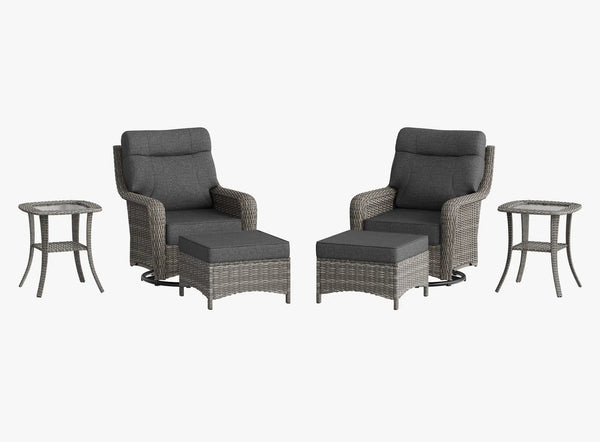 OuterCraft 6-piece dark PE rattan 360-degree swivel rocker chairs, ottomans and side table set with 6-inch thick dark gray cushions on clean white background