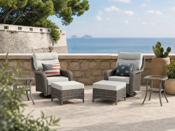 OuterCraft 6-piece dark PE rattan 360-degree swivel rocker chairs, ottomans and side table set with 6-inch thick light gray cushions styled on a grand estate patio