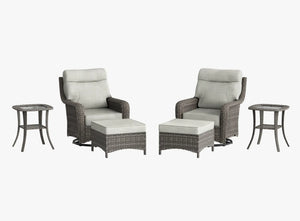 OuterCraft 6-piece dark PE rattan 360-degree swivel rocker chairs, ottomans and side table set with 6-inch thick light gray cushions on clean white background
