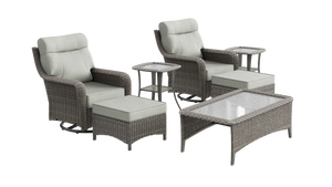 OuterCraft 7-piece dark PE rattan 360-degree swivel rocker chairs, ottomans, coffee table and side table set with 6-inch thick light gray cushions on clean white background