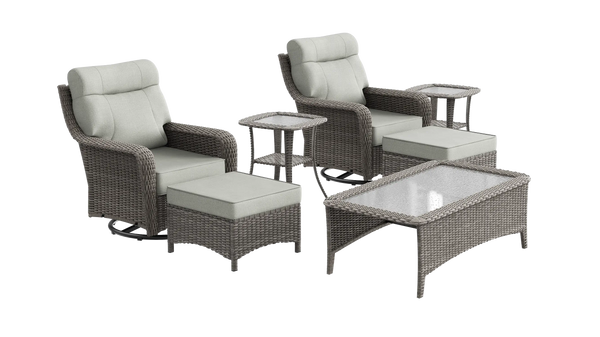 OuterCraft 7-piece dark PE rattan 360-degree swivel rocker chairs, ottomans, coffee table and side table set with 6-inch thick light gray cushions on clean white background