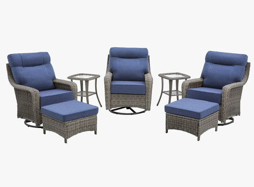 OuterCraft 7-piece dark PE rattan 360-degree swivel rocker chairs, ottomans and side table set with 6-inch thick blue cushions on clean white background