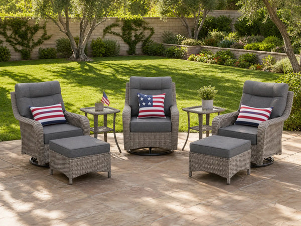 OuterCraft 7-piece dark PE rattan 360-degree swivel rocker chairs, ottomans and side table set with 6-inch thick dark gray cushions styled on a grand estate patio