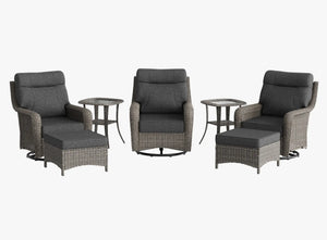 OuterCraft 7-piece dark PE rattan 360-degree swivel rocker chairs, ottomans and side table set with 6-inch thick dark gray cushions on clean white background