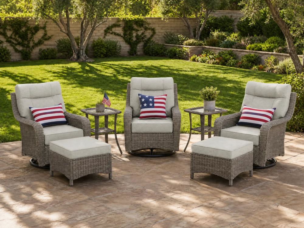 OuterCraft 7-piece dark PE rattan patio set with swivel chairs, ottomans, and dark gray cushions for grand estates.