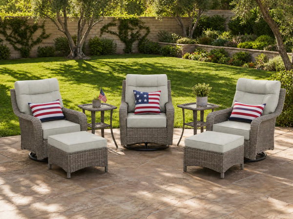 OuterCraft 7-piece dark PE rattan 360-degree swivel rocker chairs, ottomans and side table set with 6-inch thick light dark cushions styled on a grand estate patio
