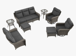 OuterCraft 8-piece dark PE rattan patio set with 3-seater sofa, loveseat with 360-degree swivel rocker chairs, ottomans and side tables set with 6-inch thick dark gray cushions on clean white background