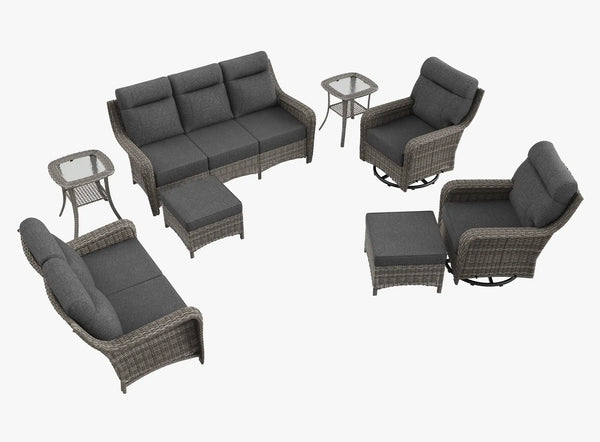OuterCraft 8-piece dark PE rattan patio set with 3-seater sofa, loveseat with 360-degree swivel rocker chairs, ottomans and side tables set with 6-inch thick dark gray cushions on clean white background