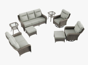 OuterCraft 8-piece dark PE rattan patio set with 3-seater sofa, loveseat with 360-degree swivel rocker chairs, ottomans and side tables set with 6-inch thick light gray cushions on clean white background