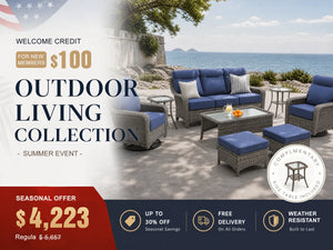 OuterCraft 8-piece dark PE rattan patio set with 3-seater sofa, 360-degree swivel rocker chairs, ottomans, side table and coffee table set with 6-inch thick blue cushions styled on a grand estate patio